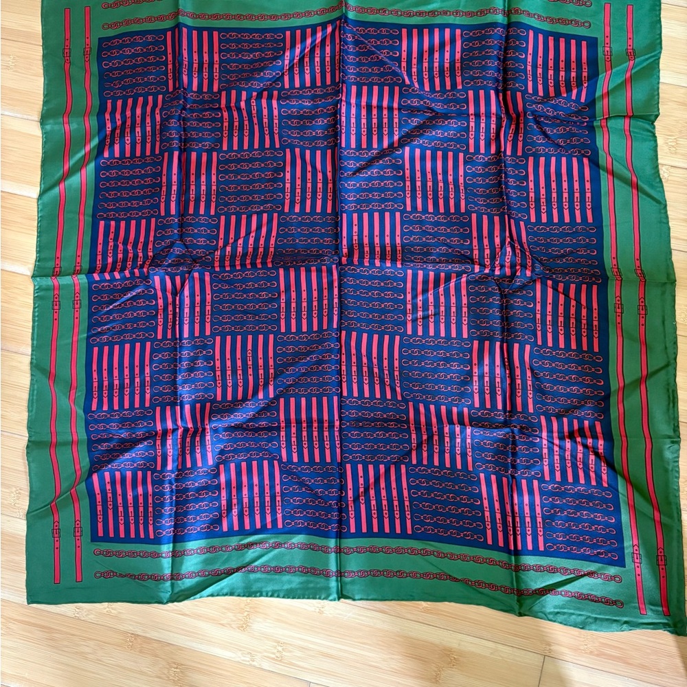 Golden Camel 50’s Vintage Green, Navy & Res 100% Silk Scarf